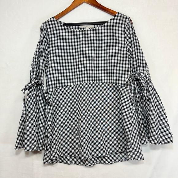 Ann Taylor Loft S Gingham Plaid Tied Bell Sleeve Top Picnic Cottage Prairie Cute - Picture 1 of 9